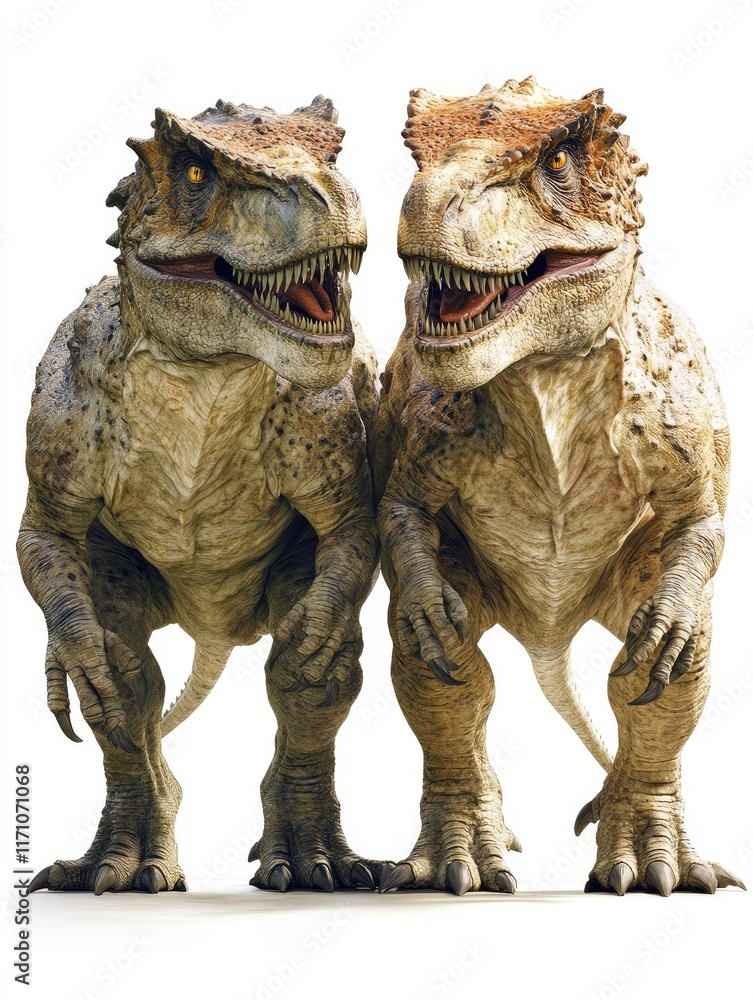 Fototapeta premium Two stylized dinosaur-like creatures standing side by side.