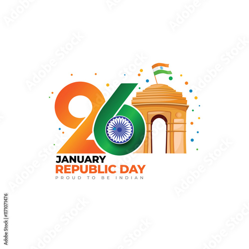 26 January Republic Day greetings with national colors and symbol. Vector illustration design.