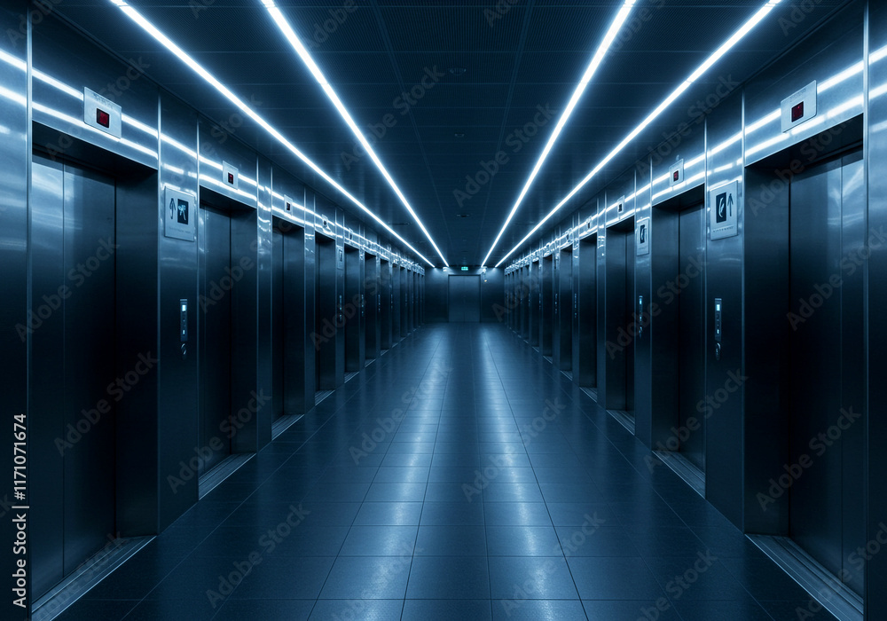 Fototapeta premium Symmetrical Hallway of Elevators in a Modern Building with Futuristic Lighting background