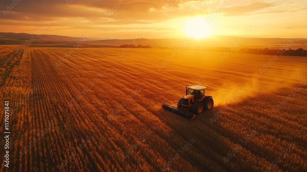 Fototapeta premium Tractor working a field at sunset.