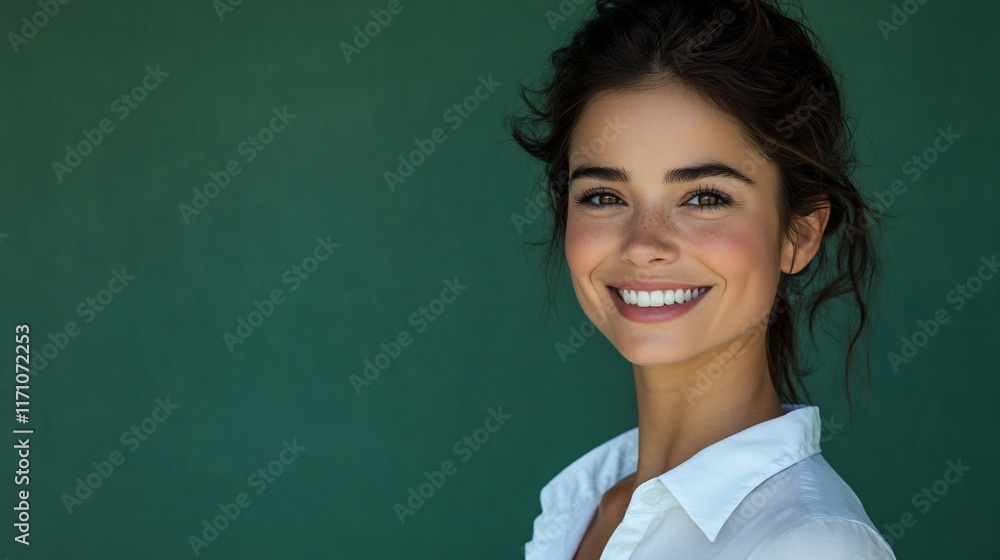 Smiling woman with a healthy and bright smile, against a deep green background. Smiling woman with a healthy and bright smile, against a deep green background.