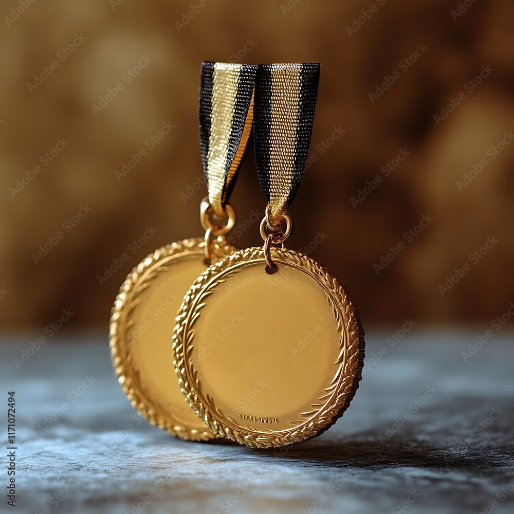 Two Gold Medals Displayed with Black and Gold Ribbons