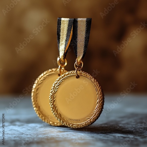 Obraz na płótnie Two Gold Medals Displayed with Black and Gold Ribbons w salonie