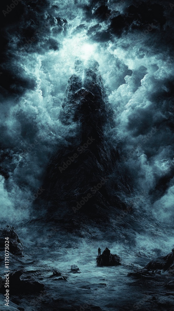 Obraz premium A dark, atmospheric scene with tumultuous clouds and a looming shadowy figure.