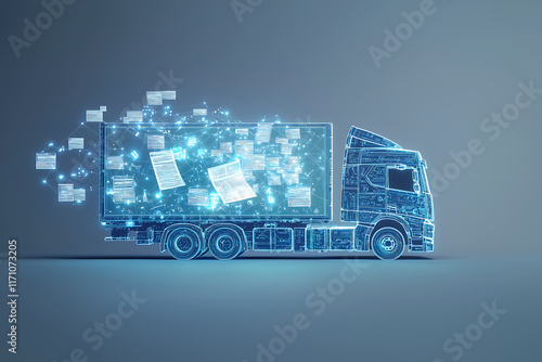 digital truck transporting glowing documents, symbolizing data transfer and logistics. futuristic design highlights innovation in transportation and information flow