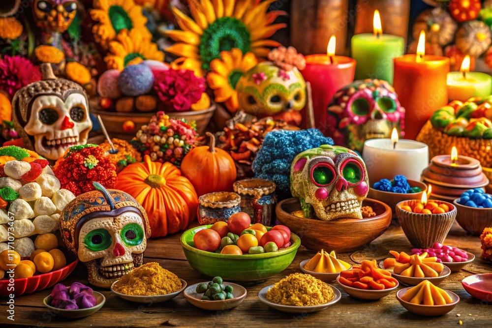 Fototapeta premium Panoramic View of Colorful Day of the Dead Altars with Traditional Mexican Sweets