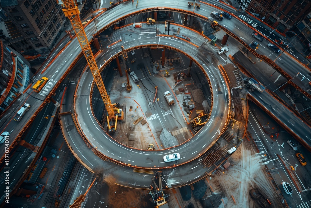 Obraz premium Aerial view of a busy construction site showcasing circular traffic patterns and cranes at work.