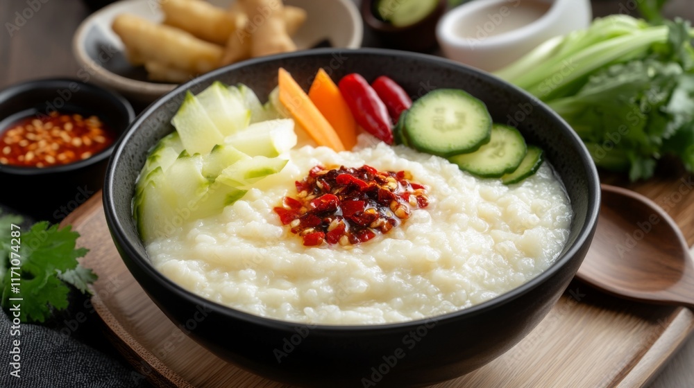 An artistic shot of rice porridge served with a side of traditional condiments, including soy sauce, chili paste, and pickled vegetables, emphasizing a delicious meal. An artistic shot of rice porridge served with a side of traditional condiments, including soy sauce, chili paste, and pickled vegetables, emphasizing a delicious meal.