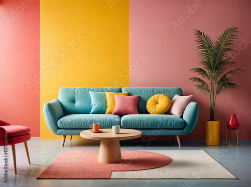 Blue sofa and round pink coffee table against multicolored stucco wall with copy space. Colorful, playful pop art style home interior design of modern living room.	
 photo