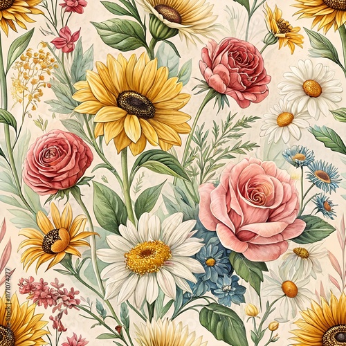 Wallpaper Mural seamless pattern background with beautiful summer flowers  Torontodigital.ca