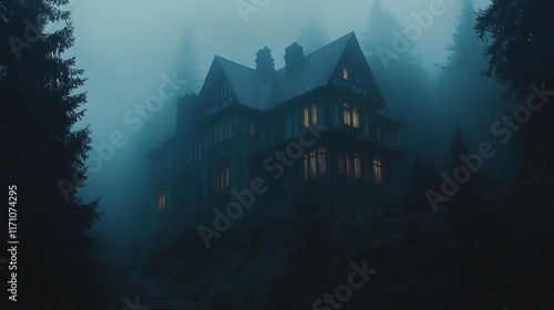 A Victorian house, haunted and eerie, sits at the end of a long, winding path, its dead trees and fog-covered surroundings illuminated by glowing windows that hint at ghostly inhabitants.