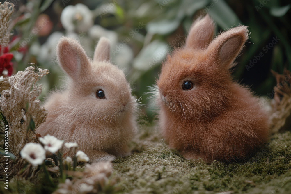 Fototapeta premium Mocha mousse color trend featuring cute bunnies in a natural setting for 2025