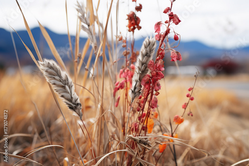 enchanting and weathered allure of withered grass, illuminating innate rhythm of flourishing, deterioration, and rebirth within terrain photo