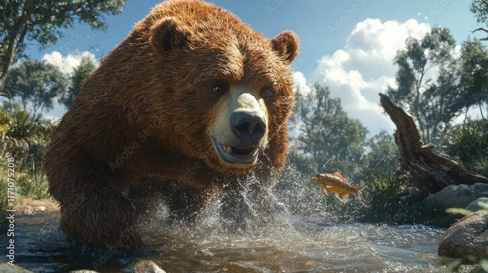 Obraz premium A bear catching a fish in a river, showcasing wildlife and natural beauty.