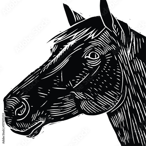 Artistic black and white illustration of a horse's head.