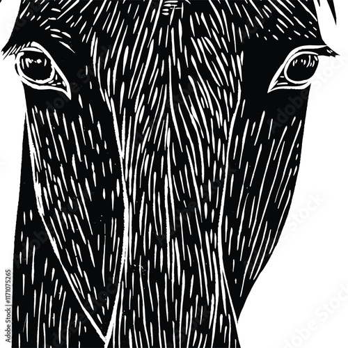 Artistic black and white illustration of a horse's head.