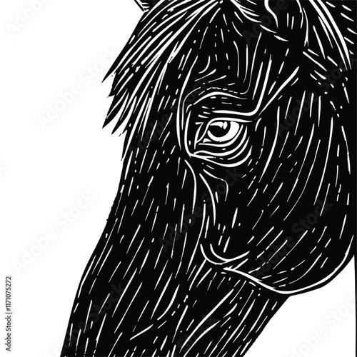 Artistic black and white illustration of a horse's head.