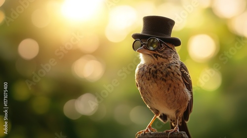 Charming bird dons stylish top hat and glasses, surrounded by so photo