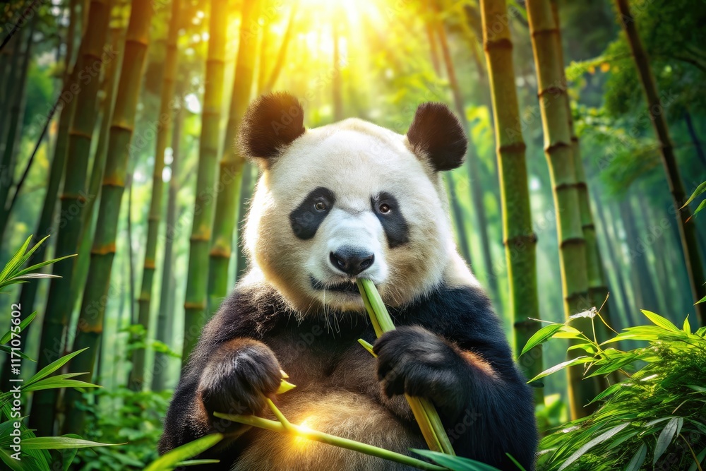 Obraz premium Lush forest backdrop frames an adorable giant panda engrossed in a bamboo feast; HD photo.