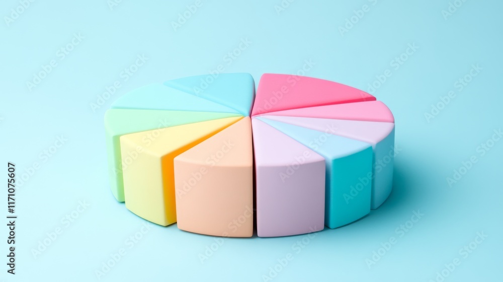Fototapeta premium An elegant D pie chart with soft curves and a pastel color palette, showcasing different data points in a harmonious and visually appealing manner.