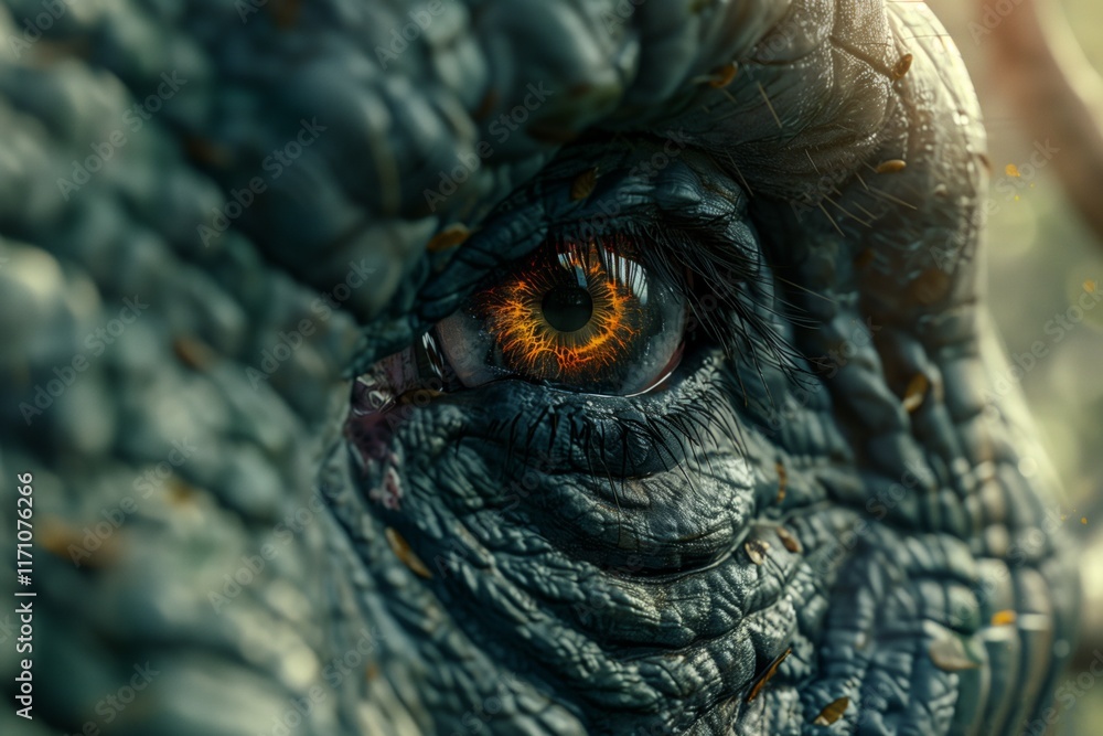 Close-up view of a dinosaur's eye showcasing intricate details and vivid colors in a prehistoric setting. Close-up view of a dinosaur's eye showcasing intricate details and vivid colors in a prehistoric setting.