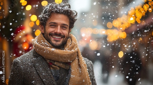 Happy man smiling in snowy Christmas market.