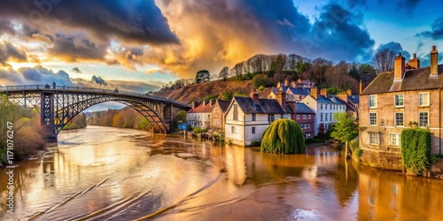 Panoramic View of Severn River Flooding Ironbridge Shropshire UK Dramatic Winter Landscape photo