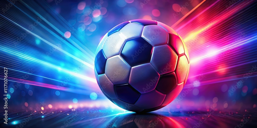 Naklejka premium Glowing Soccer Ball Abstract Background Photography, Dark Blue Pink, Sports Photography, Futuristic Soccer Ball