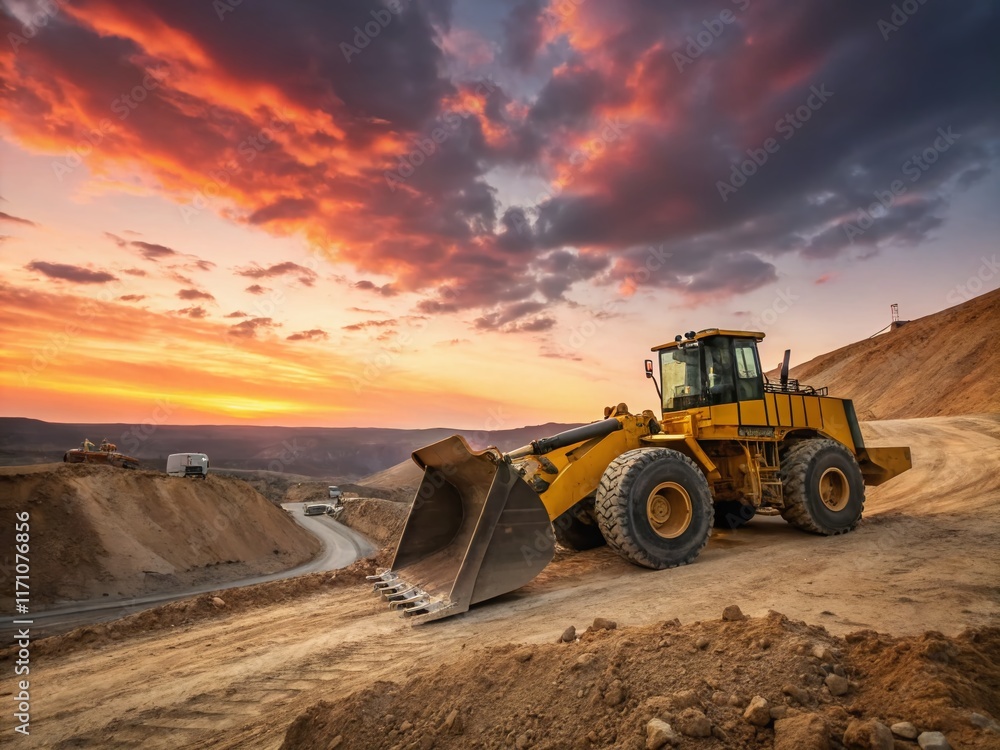 Panoramic View of Yellow Caterpillar Payloader on Construction Site at Sunset Panoramic View of Yellow Caterpillar Payloader on Construction Site at Sunset