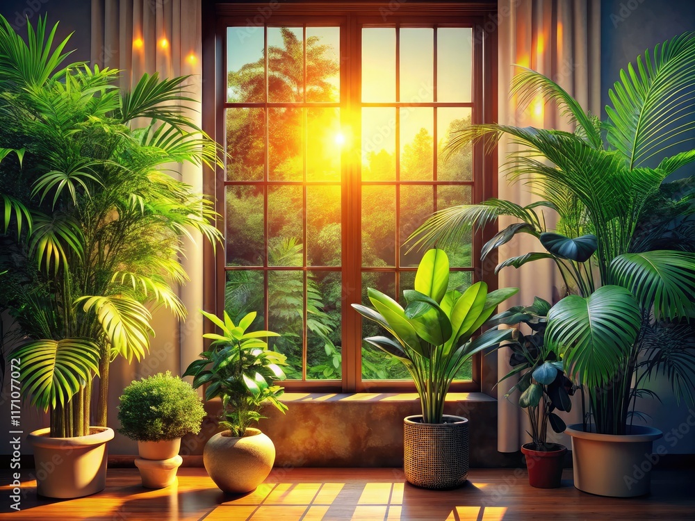Fototapeta premium Glowing Tropical Room - Interior Design AI Photo