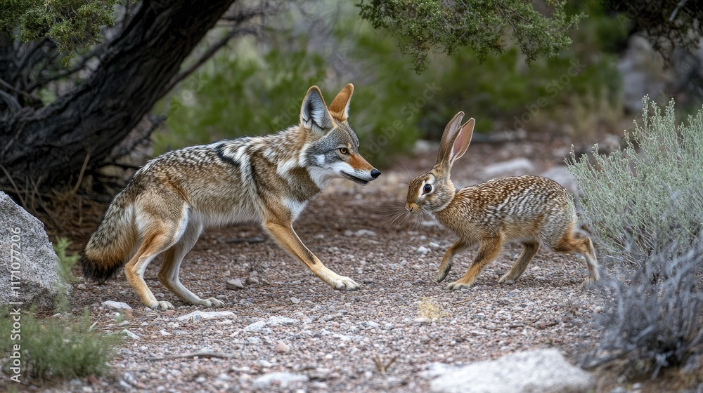 A coyote and a rabbit encounter in a natural setting, showcasing wildlife interaction. A coyote and a rabbit encounter in a natural setting, showcasing wildlife interaction.
