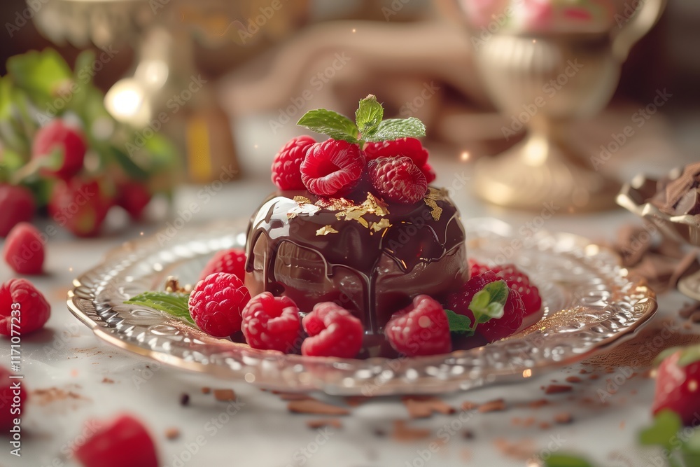 Decadent chocolate dessert garnished with fresh raspberries on a vintage plate, perfect for indulgent occasions. Decadent chocolate dessert garnished with fresh raspberries on a vintage plate, perfect for indulgent occasions.