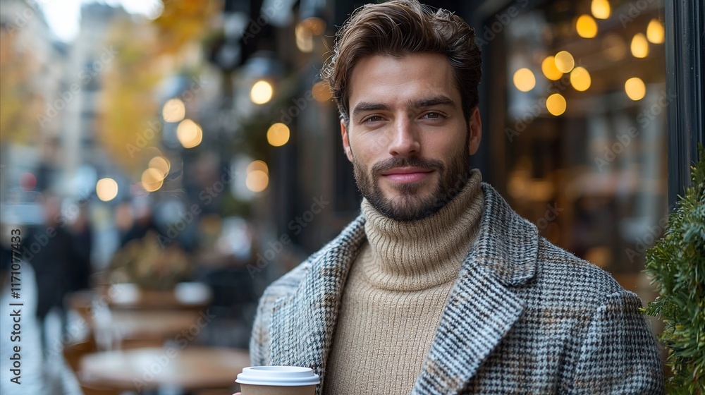 Obraz premium Handsome man in turtleneck sweater and coat, holding coffee, outdoors.