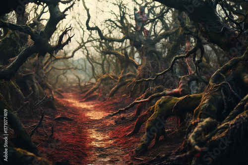 enigmatic and haunting ambiance of shadowy woodland, adorned with contorted trees and abyssal shades, evokes an overwhelming sensation of trepidation and unfathomable photo