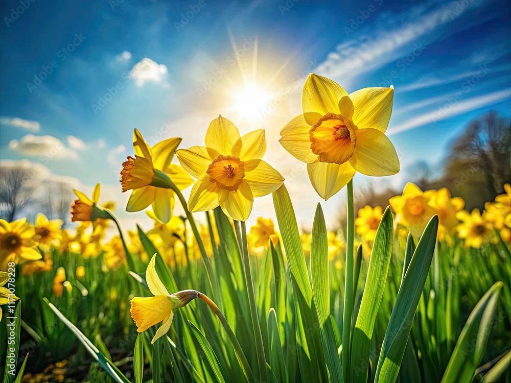 Fototapeta premium Minimalist spring scene: a sunny meadow explodes with bright yellow daffodils.