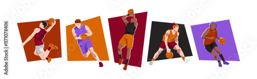 Set of male basketball players with different poses, gestures. Isolated on white background. Flat character vector illustration.