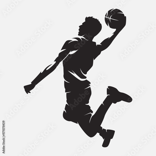 Silhouette of male basketball player. Athlete doing slam dunk. Vector logo illustration.