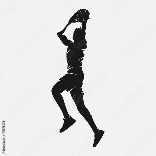Silhouette of male basketball player. Athlete doing slam dunk. Vector logo illustration.