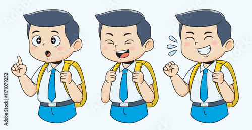 male student character with various expressions and poses happy confused enthusiastic. set vector education boy with uniform and bag