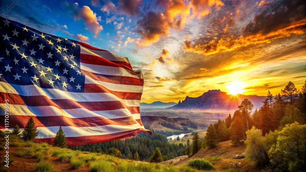 Obraz premium Patriotism Double Exposure: American Flag Overlapping Abstract Landscape