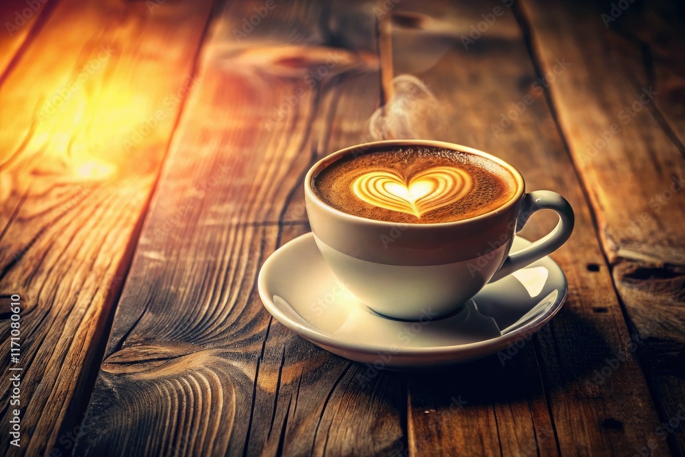 Obraz premium Nostalgic heart latte art graces a vintage coffee cup; a retro coffee photo.