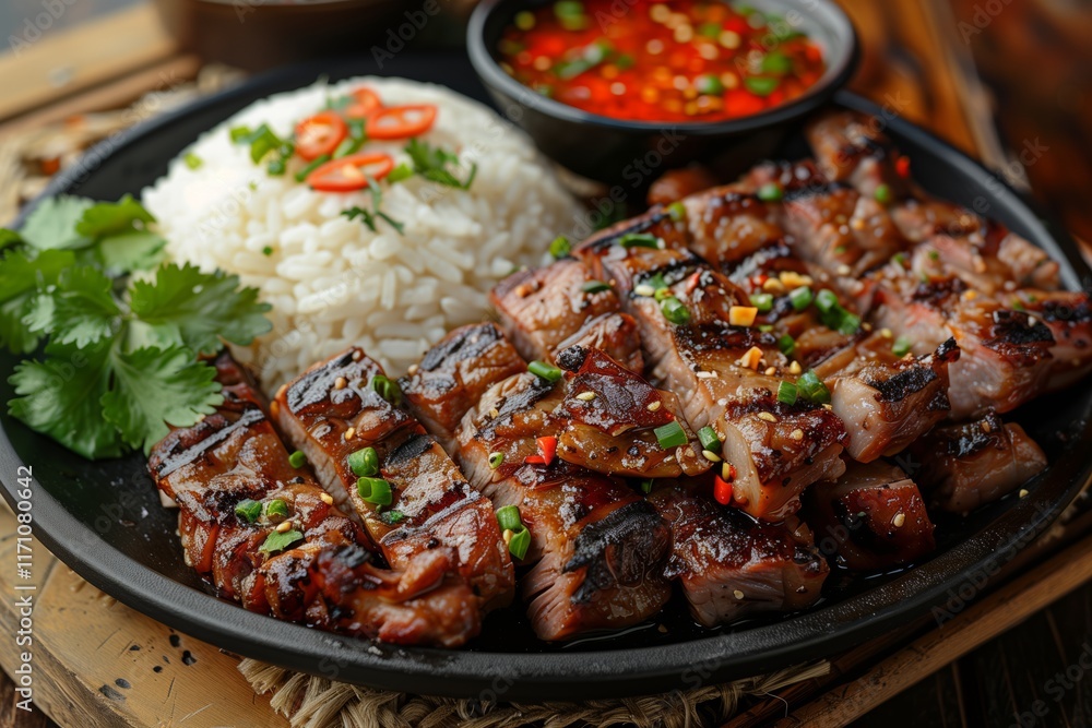 Delicious grilled meat served with fragrant rice, fresh herbs, and a spicy dipping sauce, perfect for food enthusiasts. Delicious grilled meat served with fragrant rice, fresh herbs, and a spicy dipping sauce, perfect for food enthusiasts.