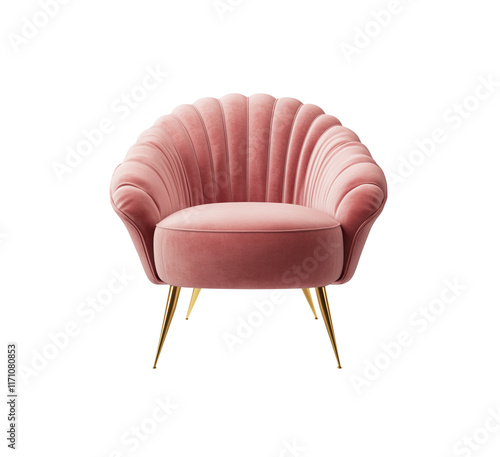 Blush pink velvet armchair with curved arms and gold legs. This luxurious chair adds a soft, stylish touch to modern home decor. Isolated on transparent background, png