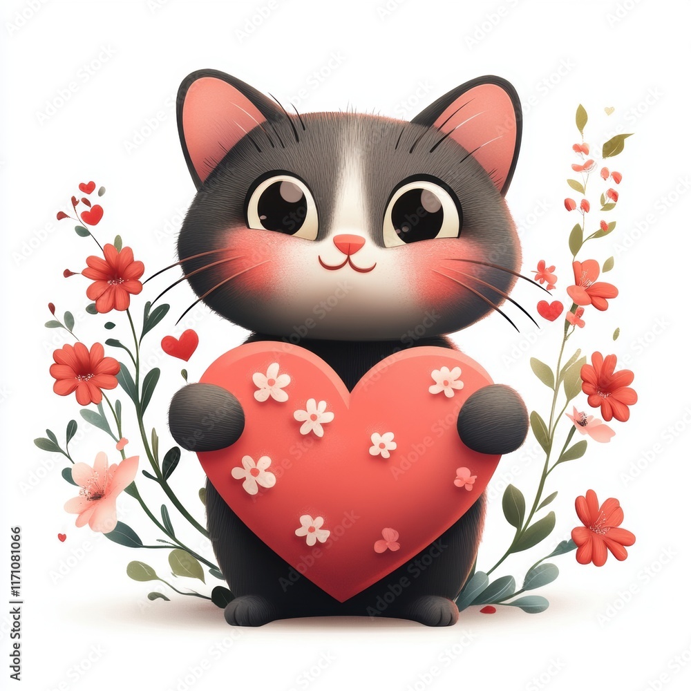 Cute cat with red heart for Valentine’s Day greeting card design Cute cat with red heart for Valentine’s Day greeting card design