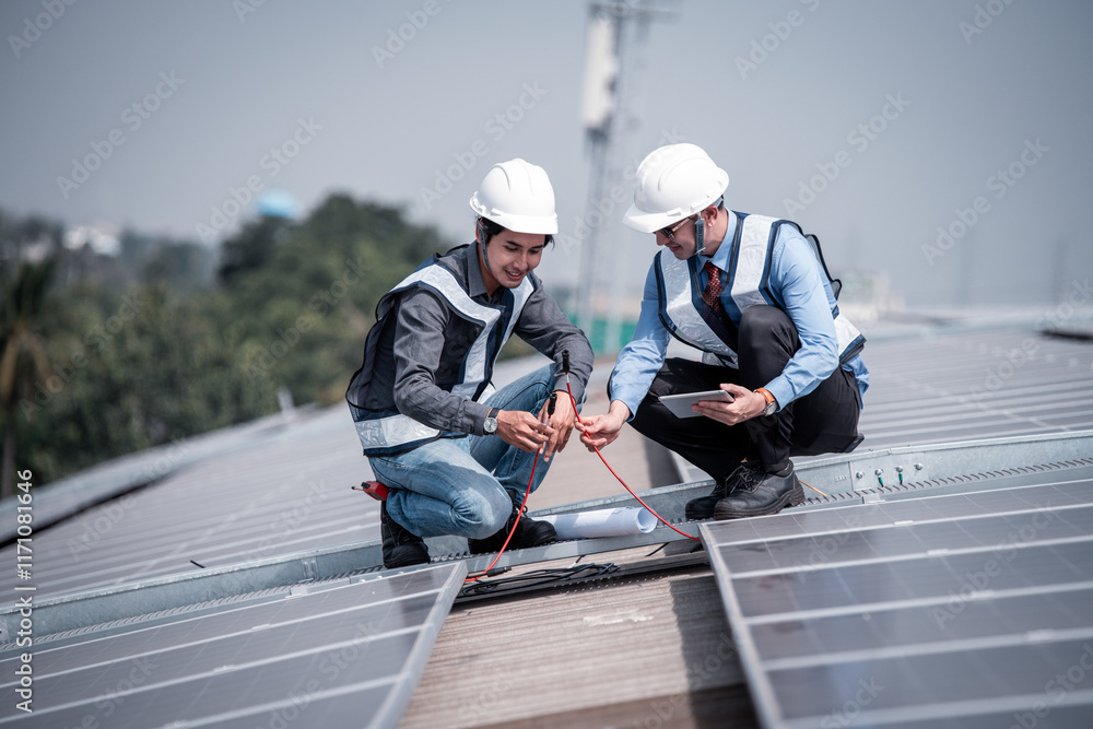 Engineers walking on roof inspect and check solar cell panel by hold equipment box and radio communication ,solar cell is smart grid ecology energy sunlight alternative power factory concept Engineers walking on roof inspect and check solar cell panel by hold equipment box and radio communication ,solar cell is smart grid ecology energy sunlight alternative power factory concept
