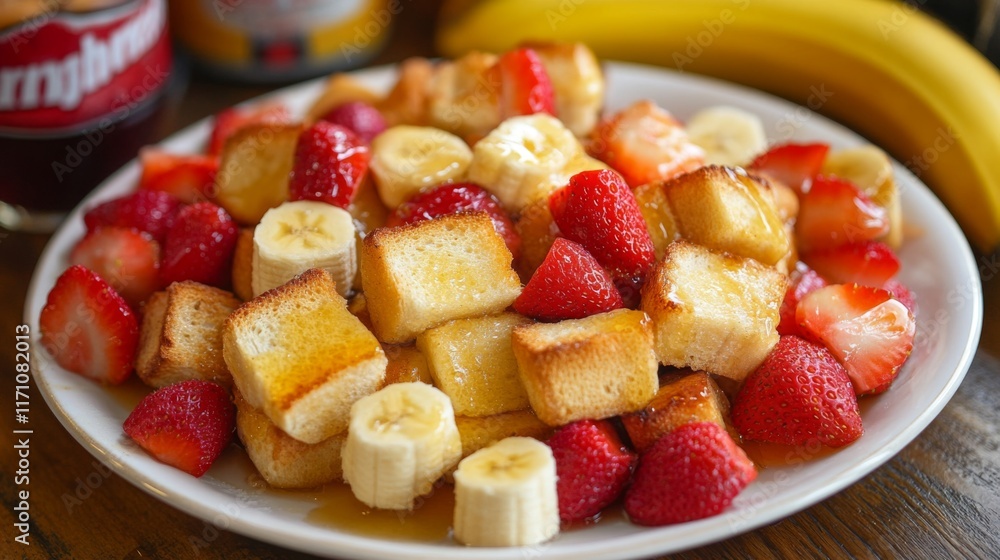 A beautifully arranged plate of honey toast cubes served with fresh fruit, including strawberries and bananas, enhancing the dessert's colorful appeal. A beautifully arranged plate of honey toast cubes served with fresh fruit, including strawberries and bananas, enhancing the dessert's colorful appeal.