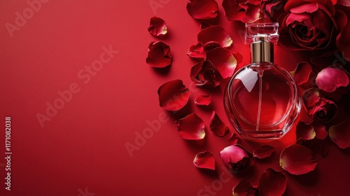 Perfume and rose petals for Valentine's day on red background