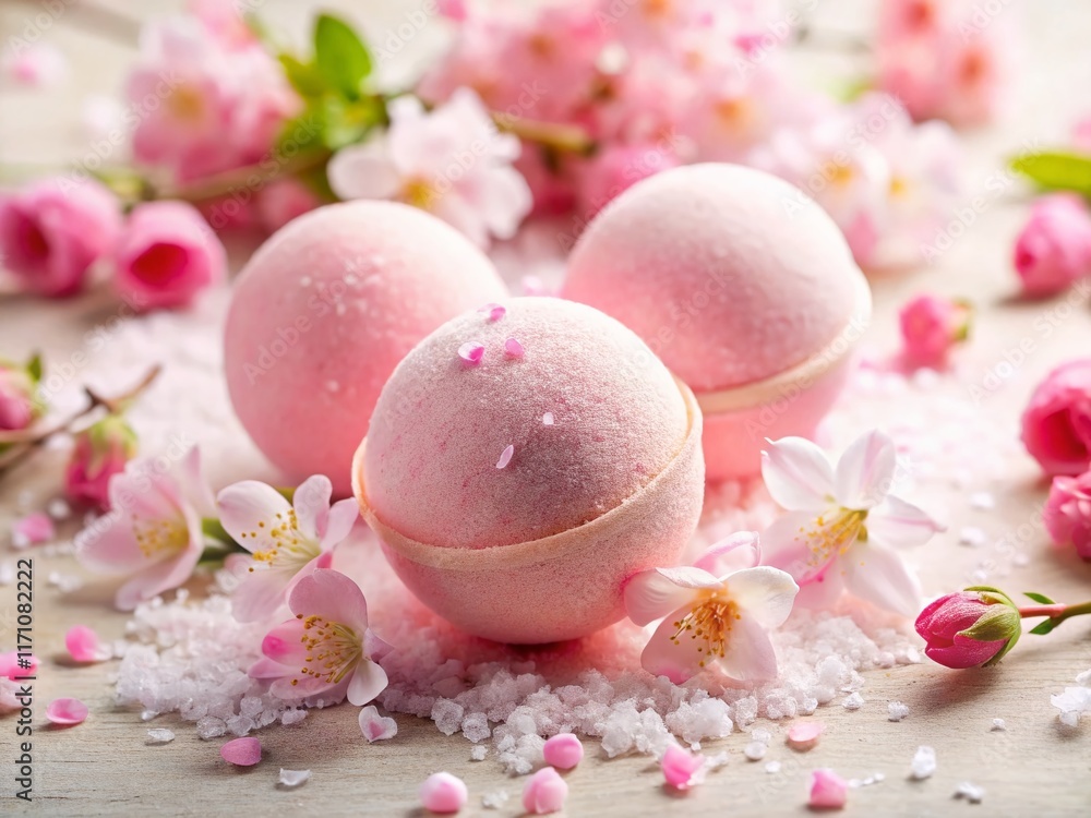 Pink Himalayan Salt Bath Bombs with Delicate Blossoms - Spa Relaxation Product Photography Pink Himalayan Salt Bath Bombs with Delicate Blossoms - Spa Relaxation Product Photography