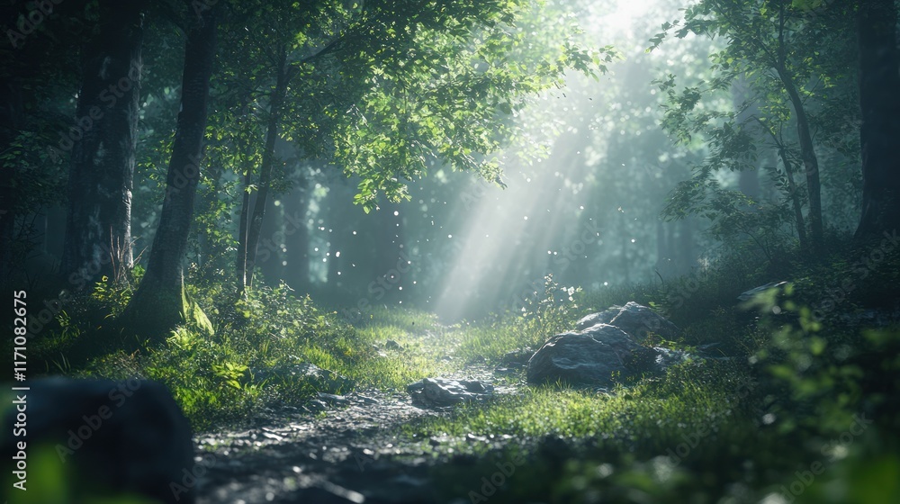 Obraz premium Sunlight streams through a tranquil forest path, dappled light filtering through lush greenery.
