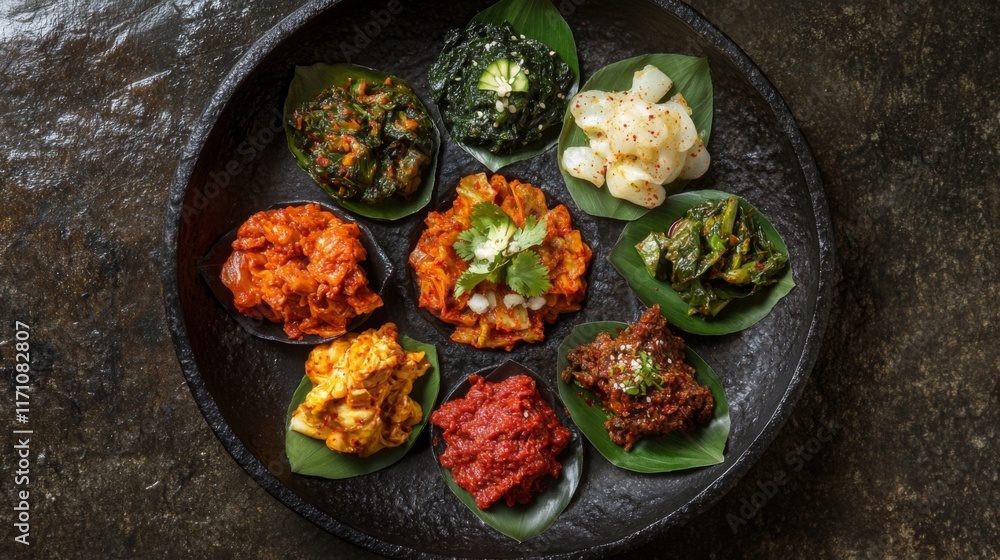 A beautifully arranged plate of vibrant kimchi varieties, showcasing different textures and colors, served in traditional Korean ceramics for an authentic presentation. A beautifully arranged plate of vibrant kimchi varieties, showcasing different textures and colors, served in traditional Korean ceramics for an authentic presentation.